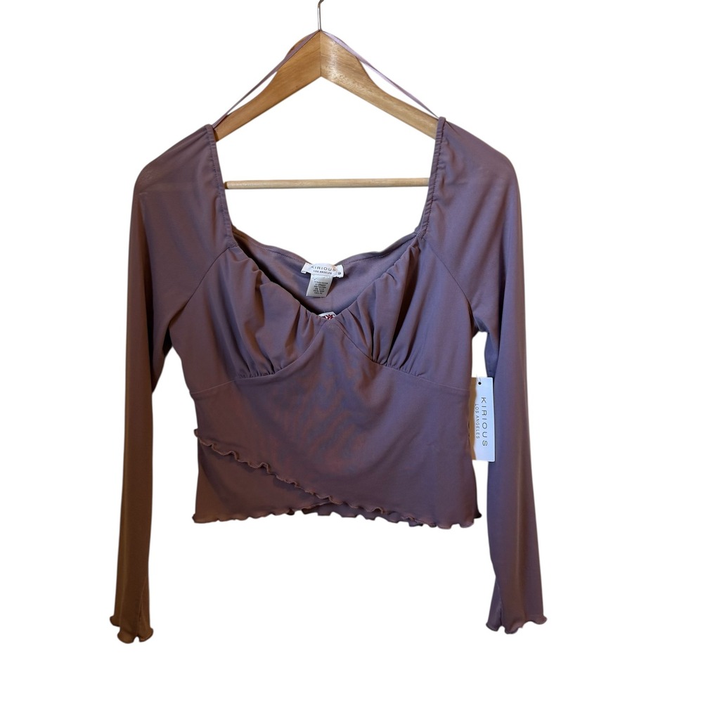 KIRIOUS Los Angeles Purple Ruched Sweetheart Neckline Lettuce Trim Crop Top M